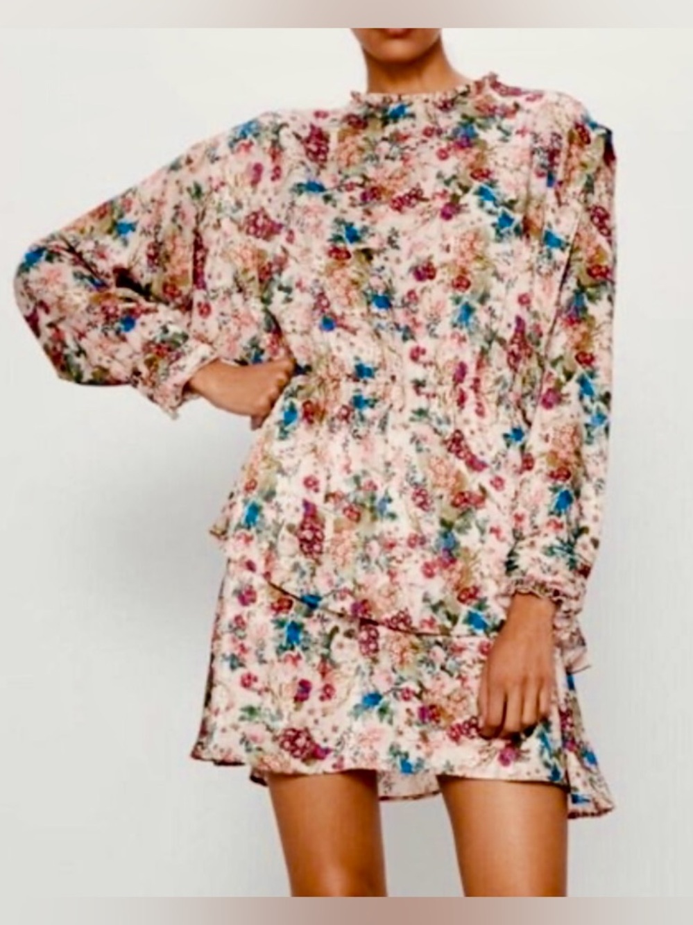 NWOT Zara Floral Clororful Printed Ruffle Mini Long Sleeve Dress Size S